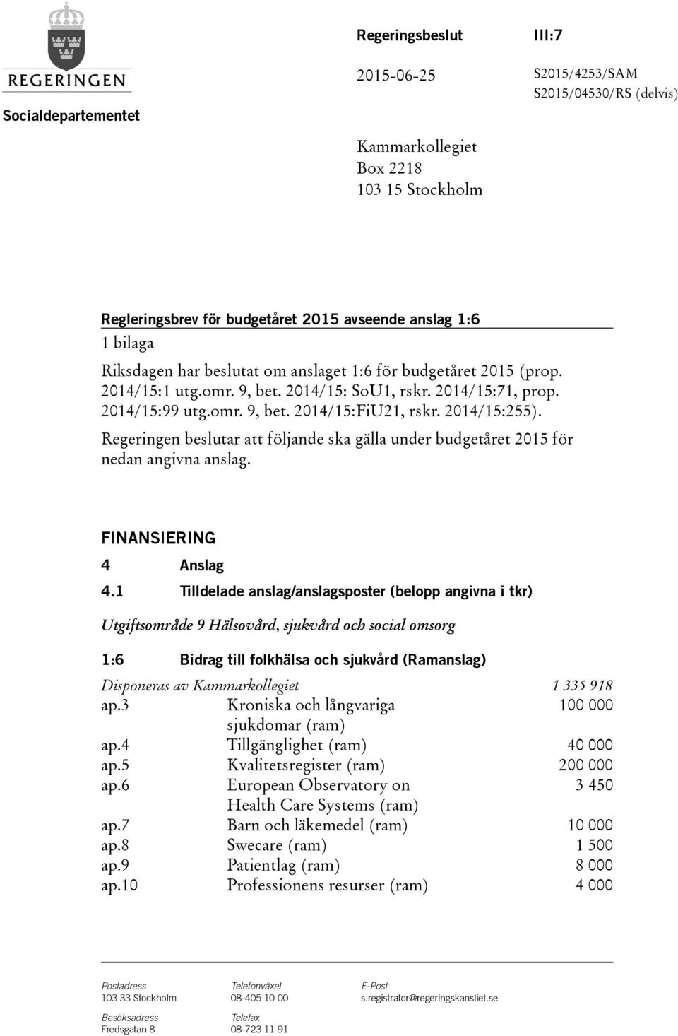 Regeringen beslutar att följande ska gälla under budgetåret 2015 för nedan angivna anslag. FINANSIERING 4 Anslag 4.