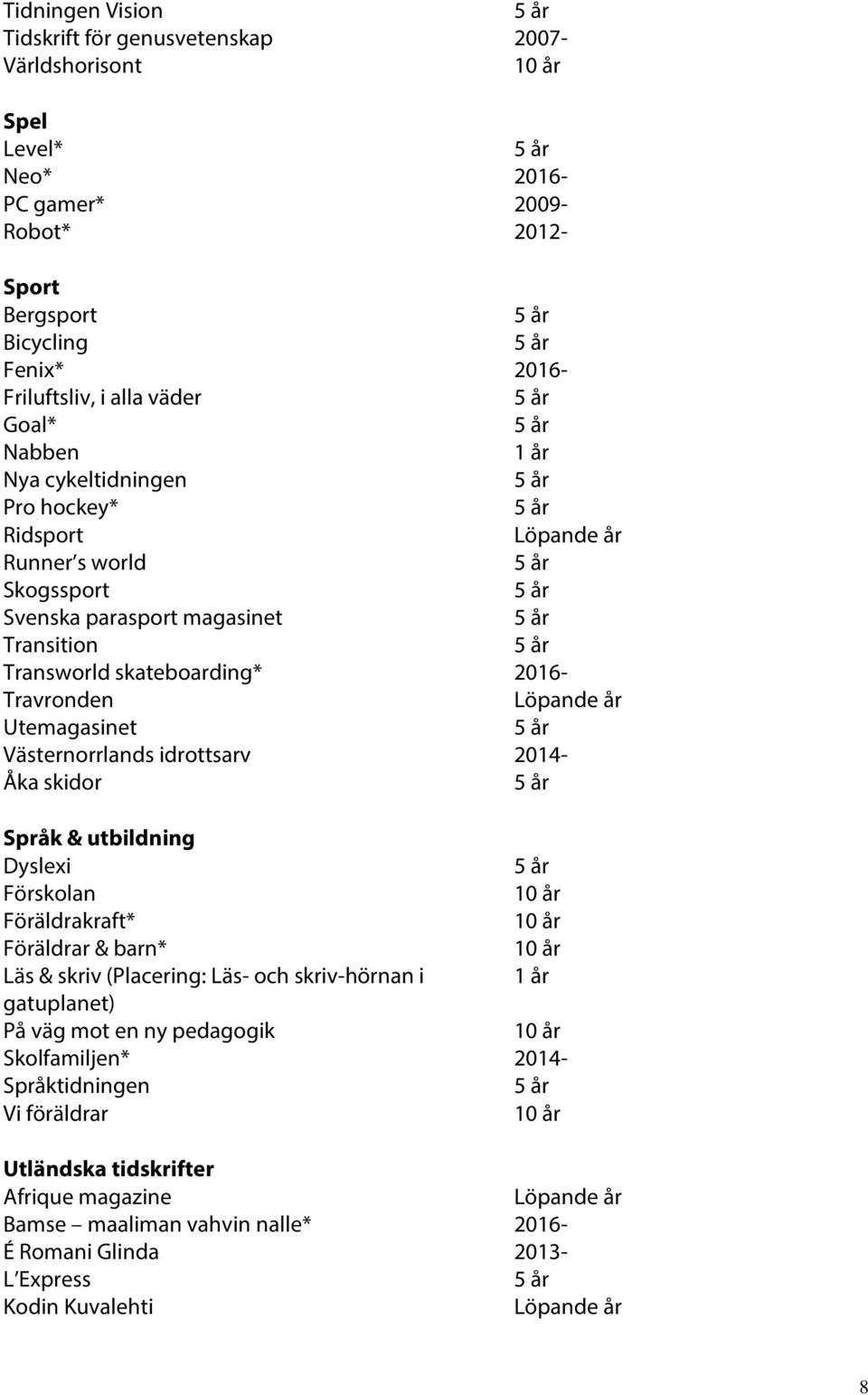 Västernorrlands idrottsarv 2014- Åka skidor Språk & utbildning Dyslexi Förskolan Föräldrakraft* Föräldrar & barn* Läs & skriv (Placering: Läs- och skriv-hörnan i gatuplanet) På väg