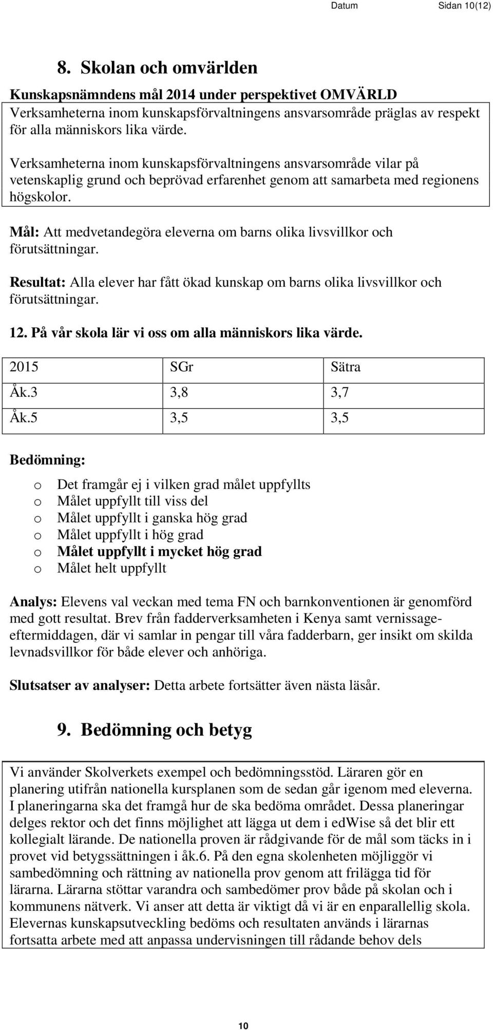 Mål: Att medvetandegöra eleverna m barns lika livsvillkr ch förutsättningar. Resultat: Alla elever har fått ökad kunskap m barns lika livsvillkr ch förutsättningar. 12.