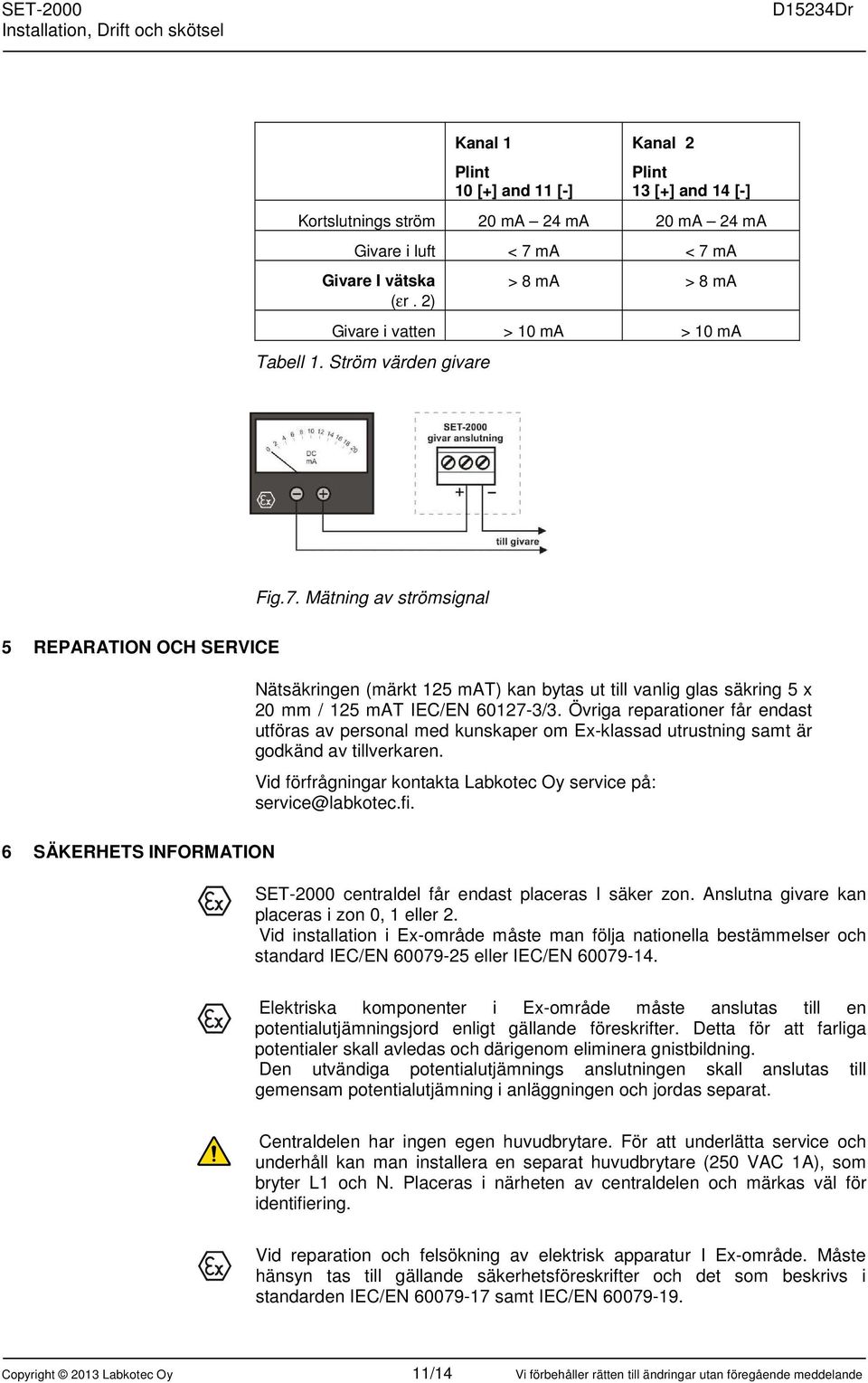 Mätning av strömsignal 5 REPARATION OCH SERVICE 6 SÄKERHETS INFORMATION Nätsäkringen (märkt 125 mat) kan bytas ut till vanlig glas säkring 5 x 20 mm / 125 mat IEC/EN 60127-3/3.