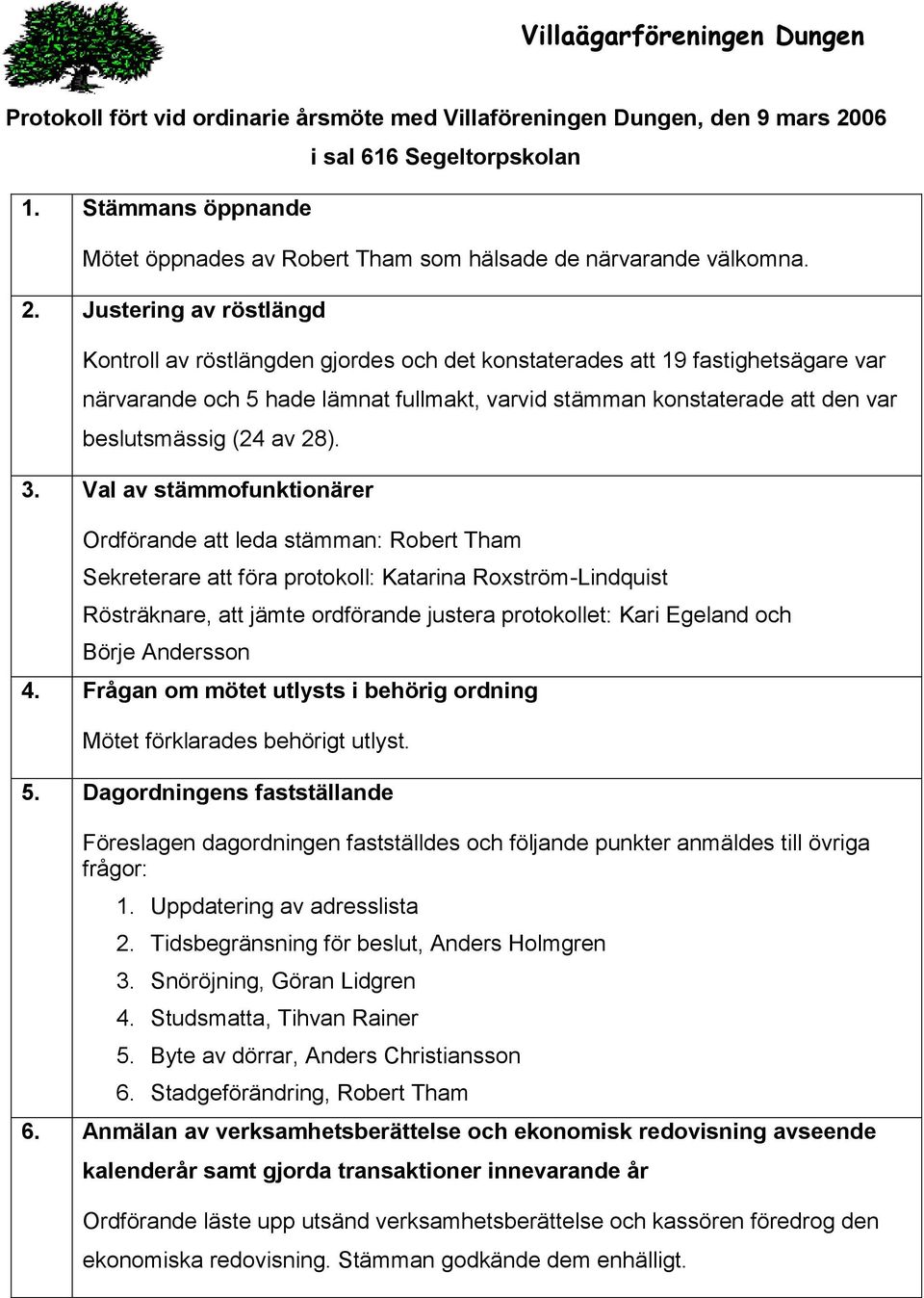 Justering av röstlängd Kontroll av röstlängden gjordes och det konstaterades att 19 fastighetsägare var närvarande och 5 hade lämnat fullmakt, varvid stämman konstaterade att den var beslutsmässig