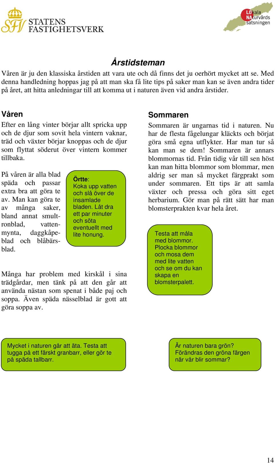 Våren Efter en lång vinter börjar allt spricka upp och de djur som sovit hela vintern vaknar, träd och växter börjar knoppas och de djur som flyttat söderut över vintern kommer tillbaka.