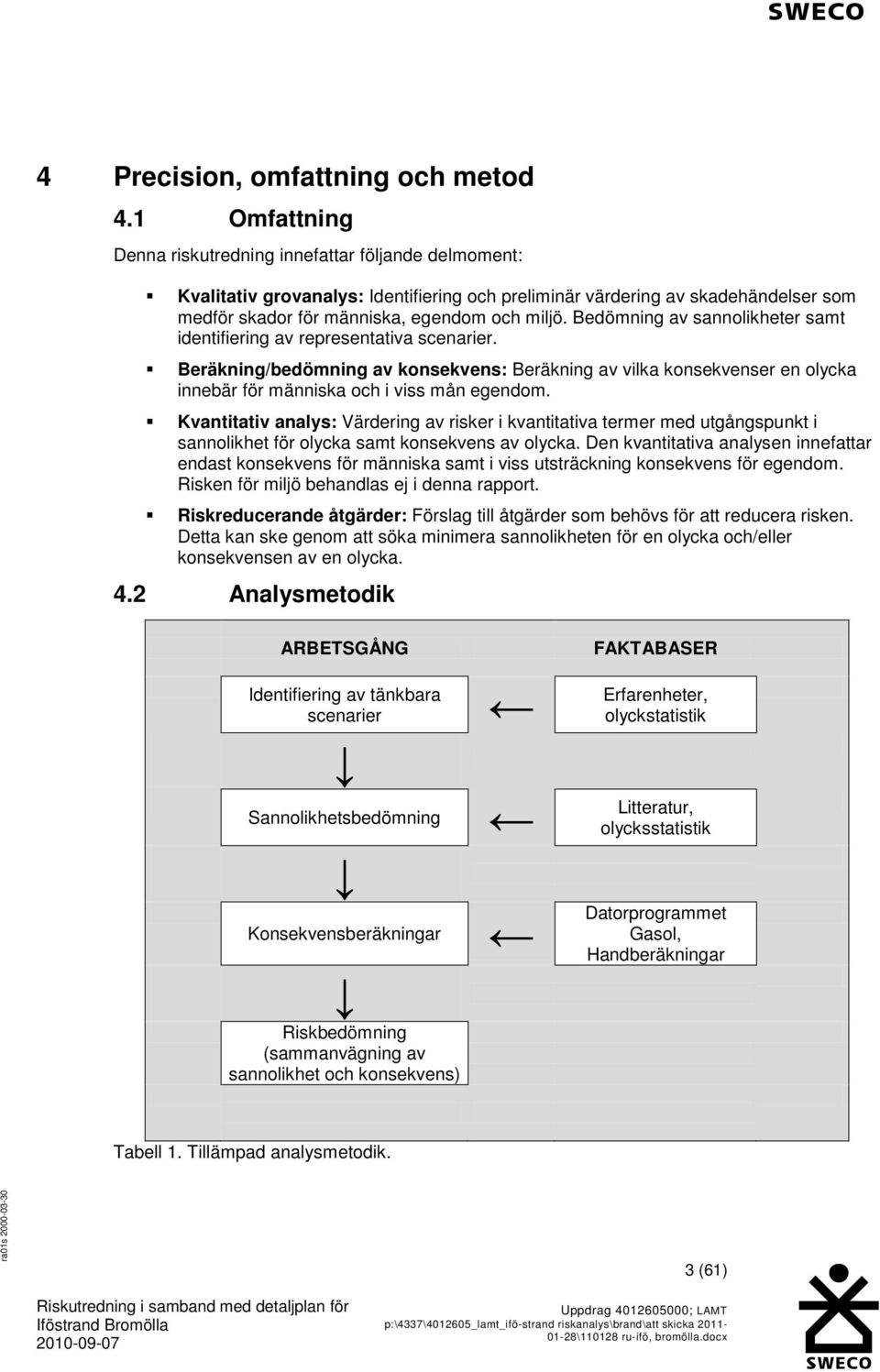 Bedömning av sannolikheter samt identifiering av representativa scenarier. Beräkning/bedömning av konsekvens: Beräkning av vilka konsekvenser en olycka innebär för människa och i viss mån egendom.