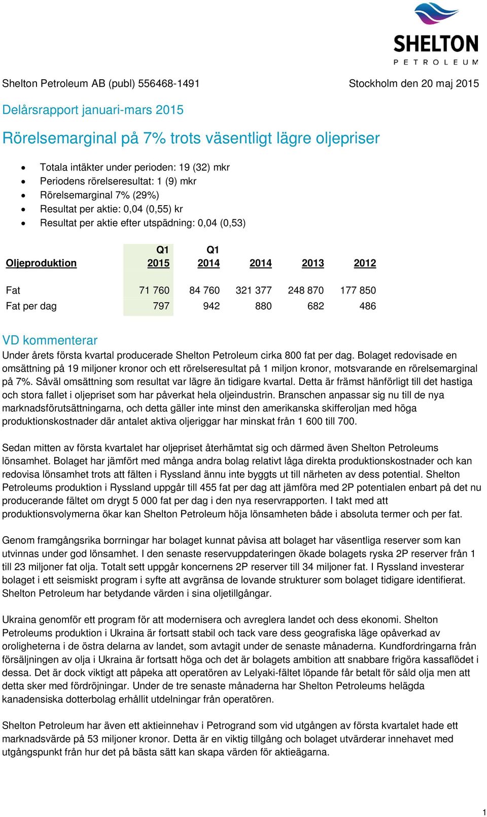 760 84 760 321 377 248 870 177 850 Fat per dag 797 942 880 682 486 VD kommenterar Under årets första kvartal producerade Shelton Petroleum cirka 800 fat per dag.