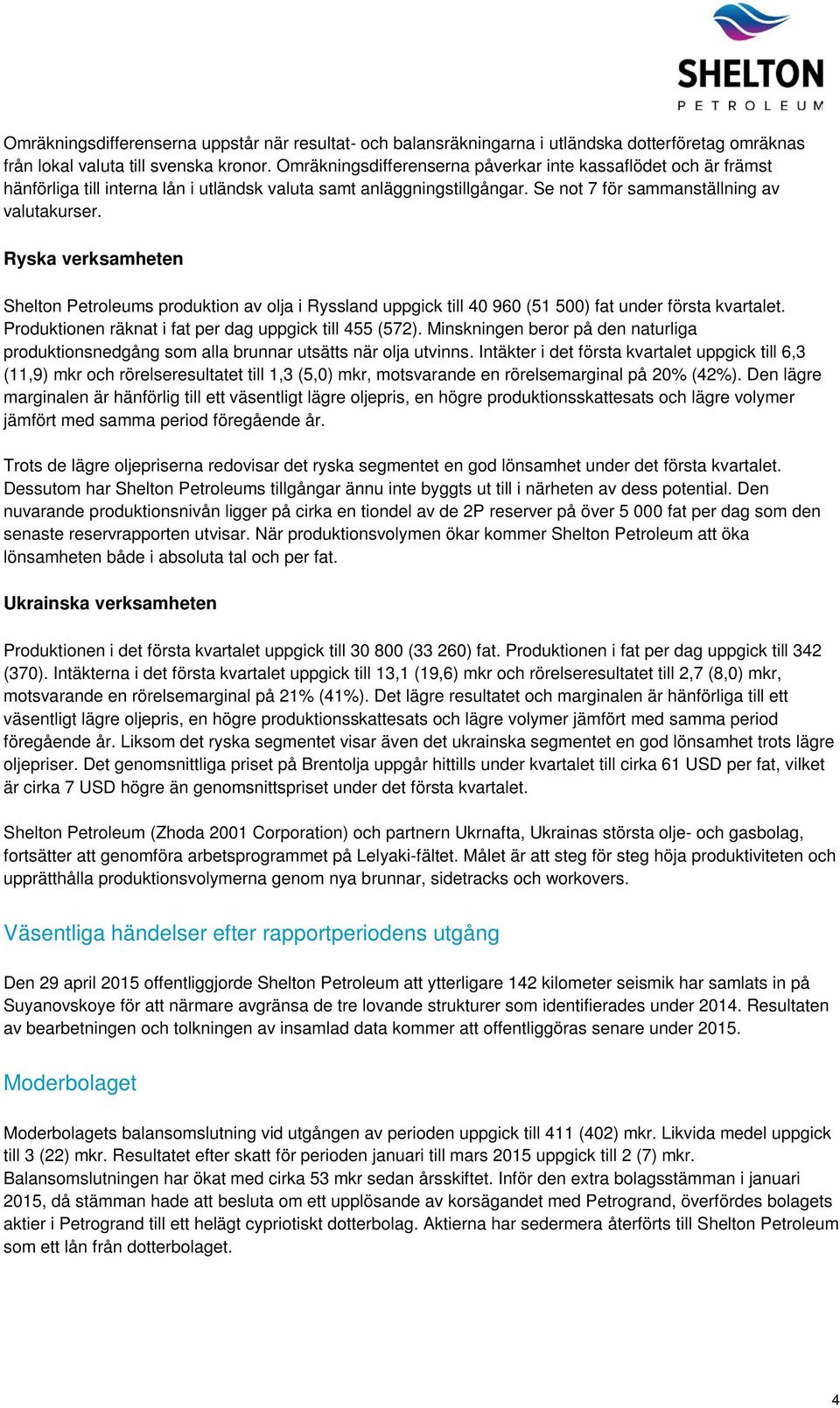 Ryska verksamheten Shelton Petroleums produktion av olja i Ryssland uppgick till 40 960 (51 500) fat under första kvartalet. Produktionen räknat i fat per dag uppgick till 455 (572).