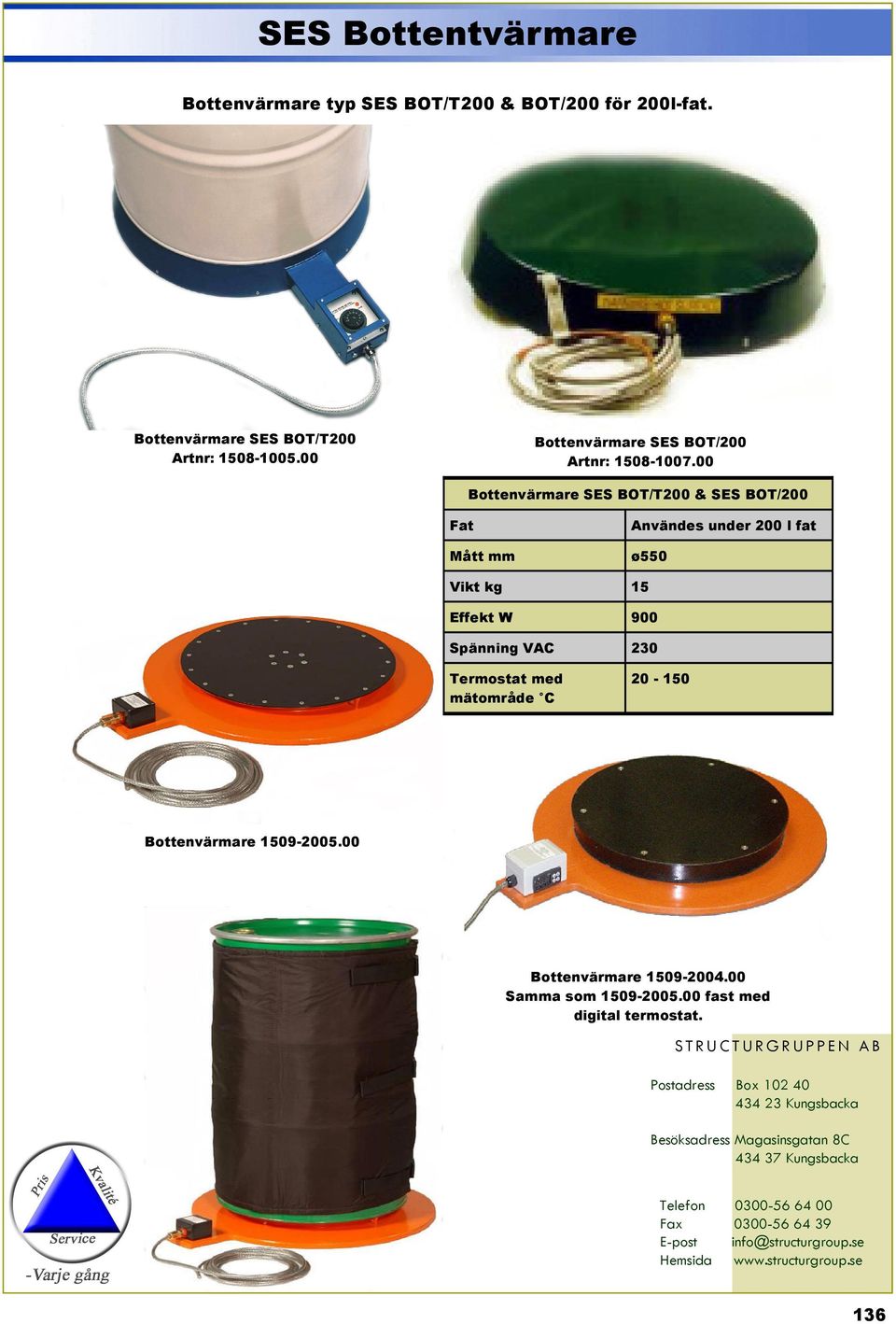 00 Bottenvärmare SES BOT/T200 & SES BOT/200 Fat Mått mm Användes under 200 l fat ø550 Vikt kg 15 Effekt W