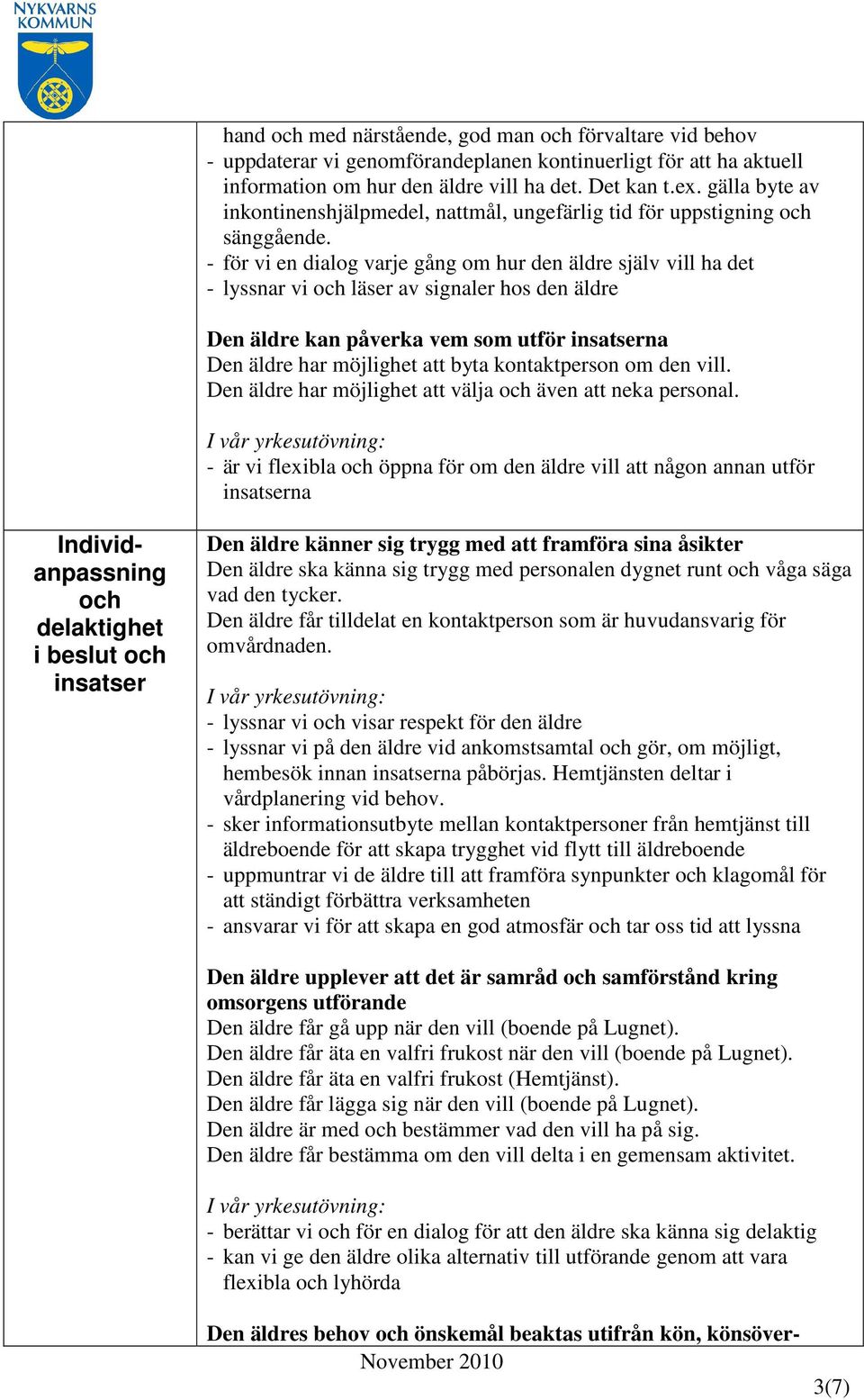 - för vi en dialog varje gång om hur den äldre själv vill ha det - lyssnar vi och läser av signaler hos den äldre Den äldre kan påverka vem som utför insatserna Den äldre har möjlighet att byta