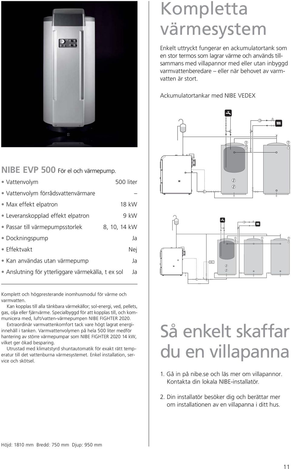 Vattenvolym 500 liter Vattenvolym förrådsvattenvärmare 18 kw 9 kw Passar till värmepumpsstorlek 8, 10, 14 kw Dockningspump Ja Effektvakt Nej Kan användas utan värmepump Ja Anslutning för ytterliggare