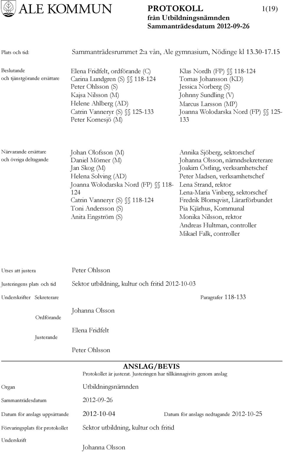 (M) Johnny Sundling (V) Helene Ahlberg (AD) Marcus Larsson (MP) Catrin Vanneryr (S) 125-133 Peter Kornesjö (M) Joanna Wolodarska Nord (FP) 125-133 Närvarande ersättare Johan Olofsson (M) Annika