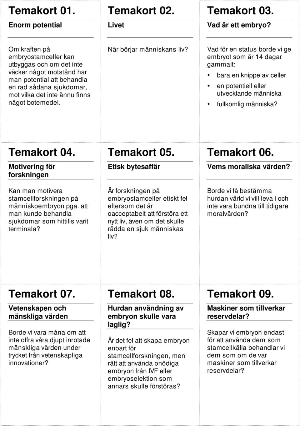 När börjar människans liv? Vad för en status borde vi ge embryot som är 14 dagar gammalt: bara en knippe av celler en potentiell eller utvecklande människa fullkomlig människa? Temakort 04.