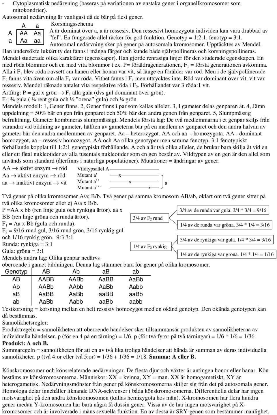 Genotyp = 1:2:1, fenotyp = 3:1. Autosomal nedärvning sker på gener på autosomala kromosomer. Upptäcktes av Mendel.