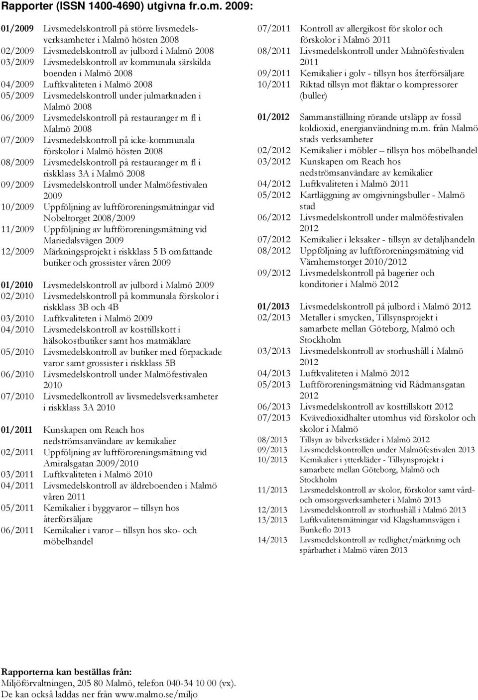 Malmö 2008 04/2009 Luftkvaliteten i Malmö 2008 05/2009 Livsmedelskontroll under julmarknaden i Malmö 2008 06/2009 Livsmedelskontroll på restauranger m fl i Malmö 2008 07/2009 Livsmedelskontroll på