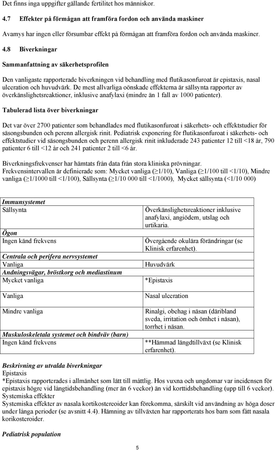8 Biverkningar Sammanfattning av säkerhetsprofilen Den vanligaste rapporterade biverkningen vid behandling med flutikasonfuroat är epistaxis, nasal ulceration och huvudvärk.