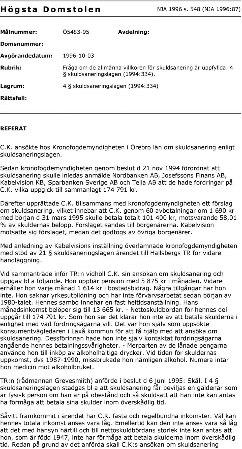 Sedan kronofogdemyndigheten genom beslut d 21 nov 1994 förordnat att skuldsanering skulle inledas anmälde Nordbanken AB, Josefssons Finans AB, Kabelvision KB, Sparbanken Sverige AB och Telia AB att
