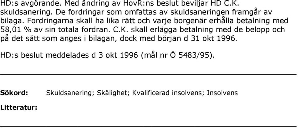 Fordringarna skall ha lika rätt och varje borgenär erhålla betalning med 58,01 % av sin totala fordran. C.K.