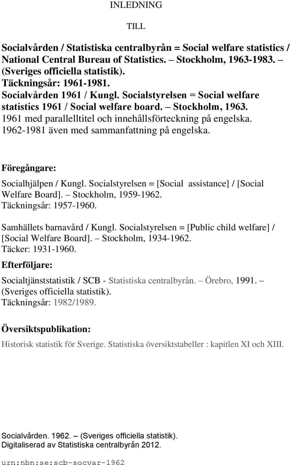 1961 med parallelltitel och innehållsförteckning på engelska. 1962-1981 även med sammanfattning på engelska. Föregångare: Socialhjälpen / Kungl.