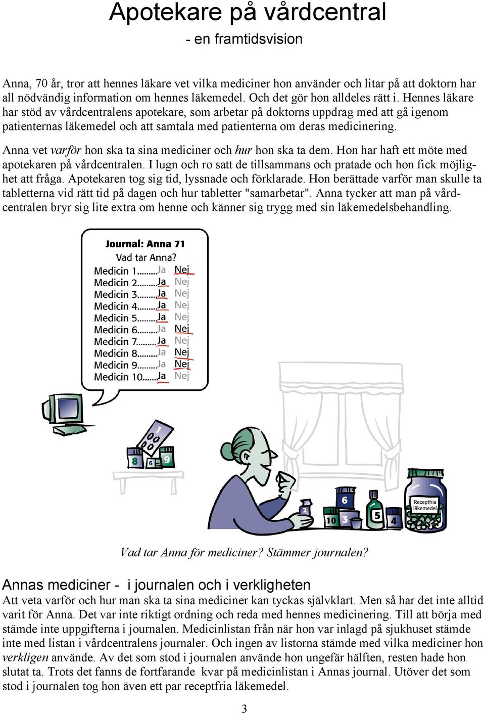 Hennes läkare har stöd av vårdcentralens apotekare, som arbetar på doktorns uppdrag med att gå igenom patienternas läkemedel och att samtala med patienterna om deras medicinering.