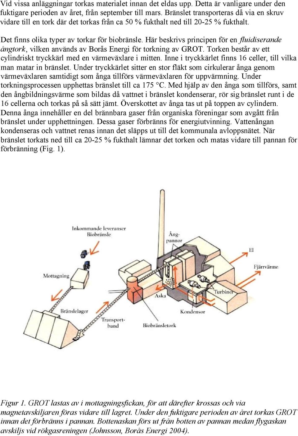 Här beskrivs principen för en fluidiserande ångtork, vilken används av Borås Energi för torkning av GROT. Torken består av ett cylindriskt tryckkärl med en värmeväxlare i mitten.
