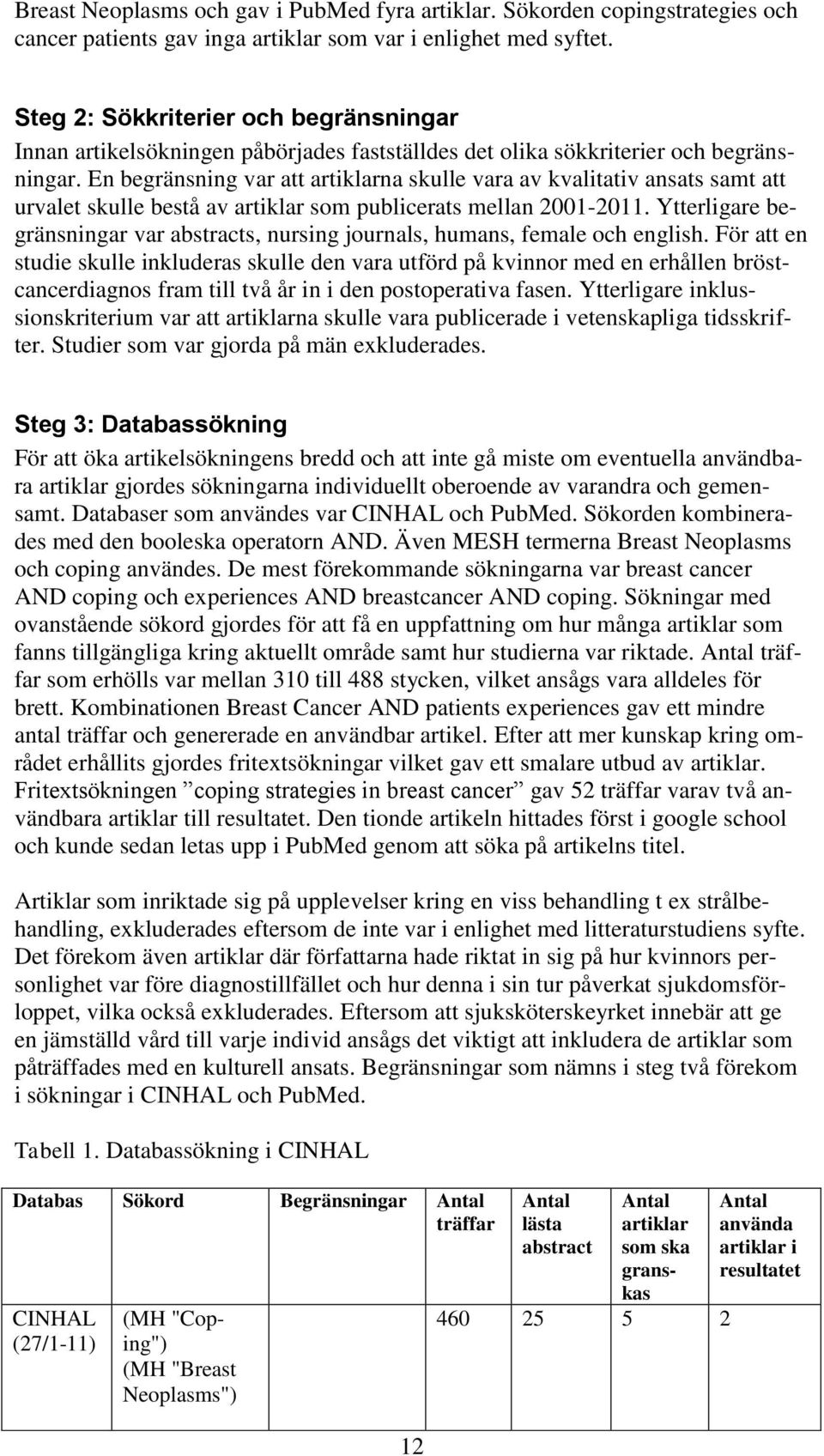 En begränsning var att artiklarna skulle vara av kvalitativ ansats samt att urvalet skulle bestå av artiklar som publicerats mellan 2001-2011.