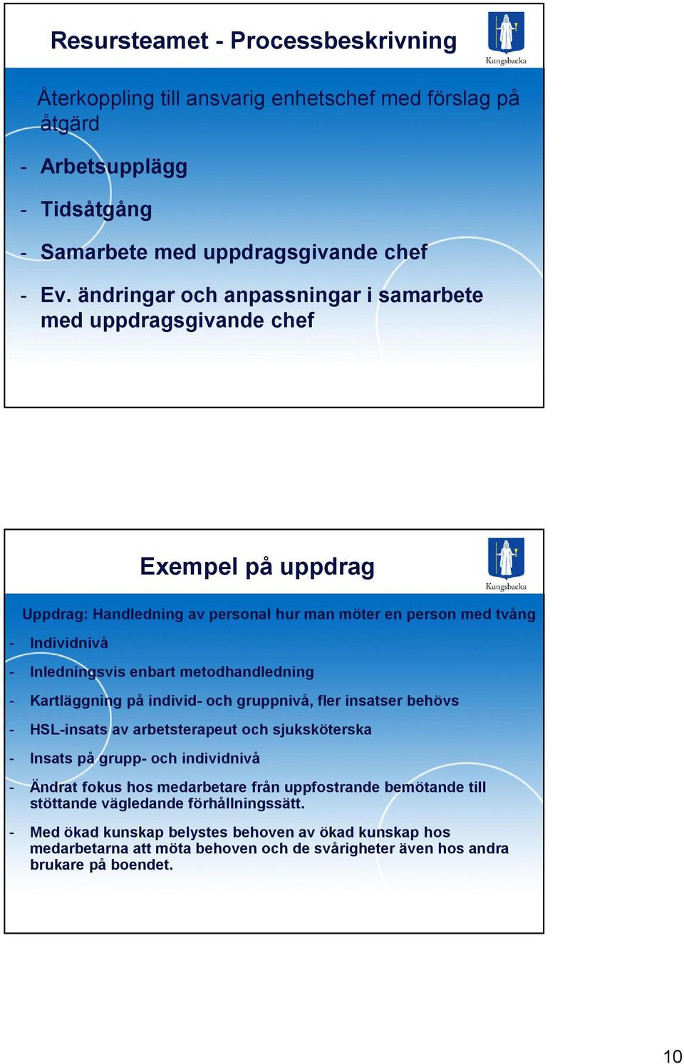 metodhandledning - Kartläggning på individ- och gruppnivå, fler insatser behövs - HSL-insats av arbetsterapeut och sjuksköterska - Insats på grupp- och individnivå - Ändrat fokus hos