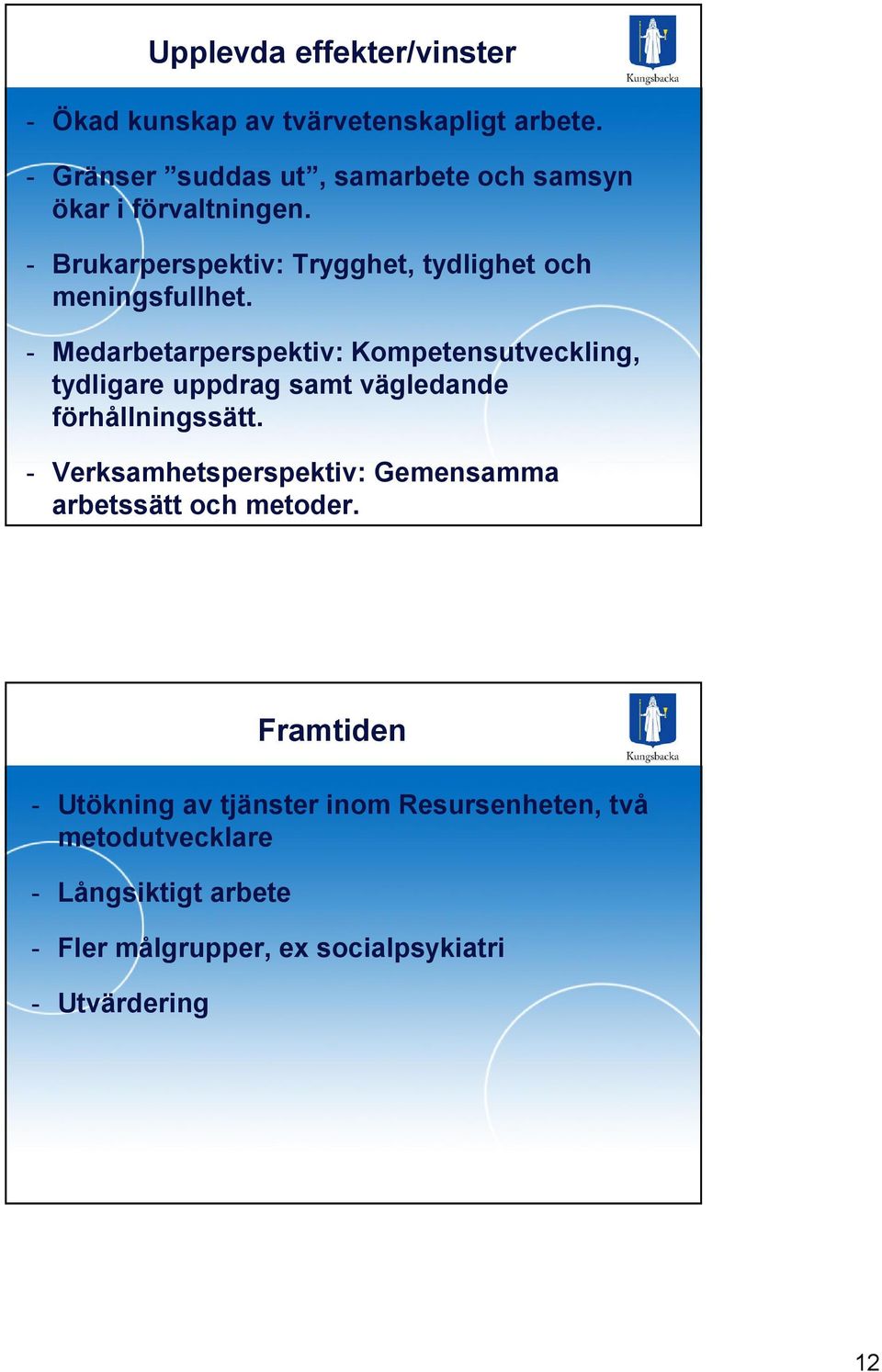 - Medarbetarperspektiv: Kompetensutveckling, tydligare uppdrag samt vägledande förhållningssätt.