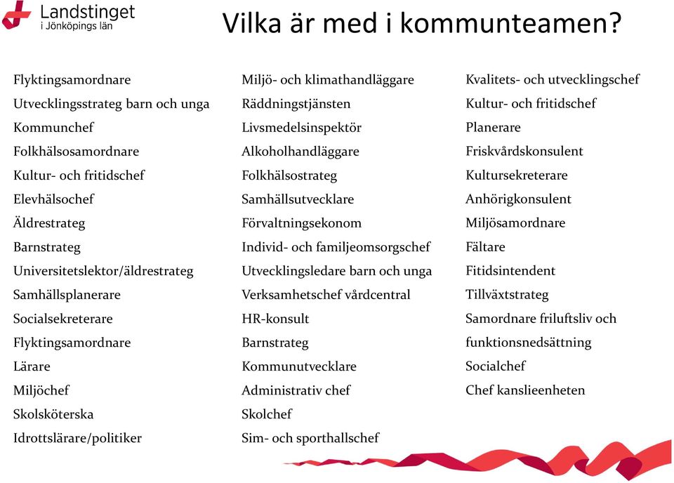 Socialsekreterare Flyktingsamordnare Lärare Miljöchef Skolsköterska Idrottslärare/politiker Miljö- och klimathandläggare Räddningstjänsten Livsmedelsinspektör Alkoholhandläggare Folkhälsostrateg