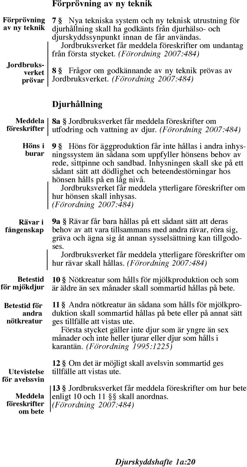 Djurhållning Meddela föreskrifter Höns i burar Rävar i fångenskap Betestid för mjökdjur Betestid för andra nötkreatur Utevistelse för avelssvin Meddela föreskrifter om bete 8a Jordbruksverket får