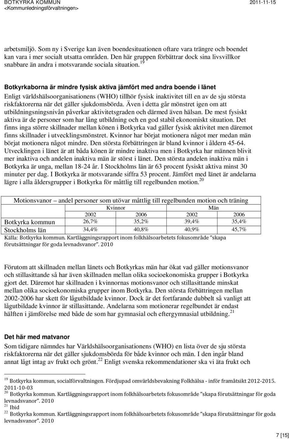 19 Botkyrkaborna är mindre fysisk aktiva jämfört med andra boende i länet Enligt världshälsoorganisationens (WHO) tillhör fysisk inaktivitet till en av de sju största riskfaktorerna när det gäller