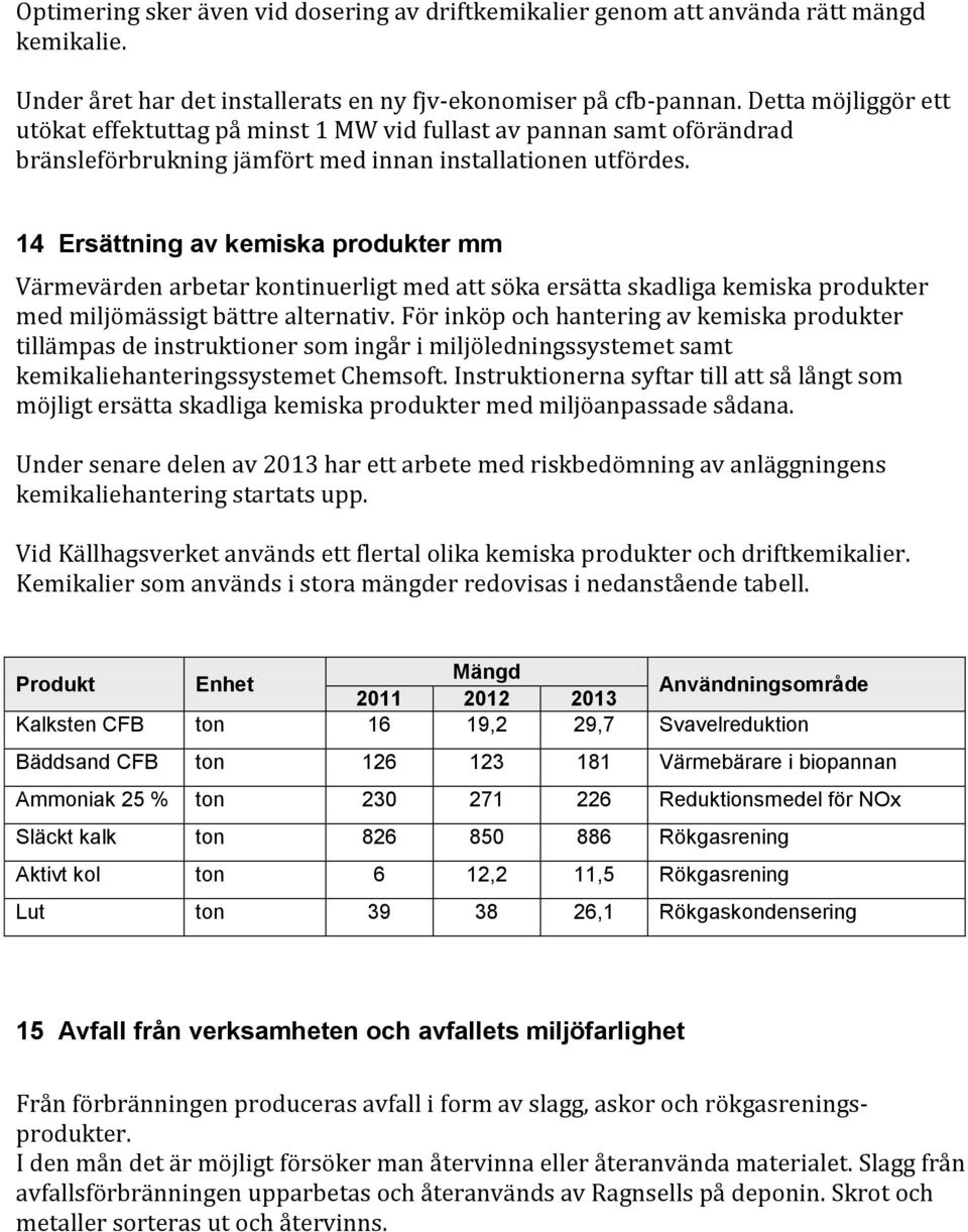 14 Ersättning av kemiska produkter mm Värmevärden arbetar kontinuerligt med att söka ersätta skadliga kemiska produkter med miljömässigt bättre alternativ.