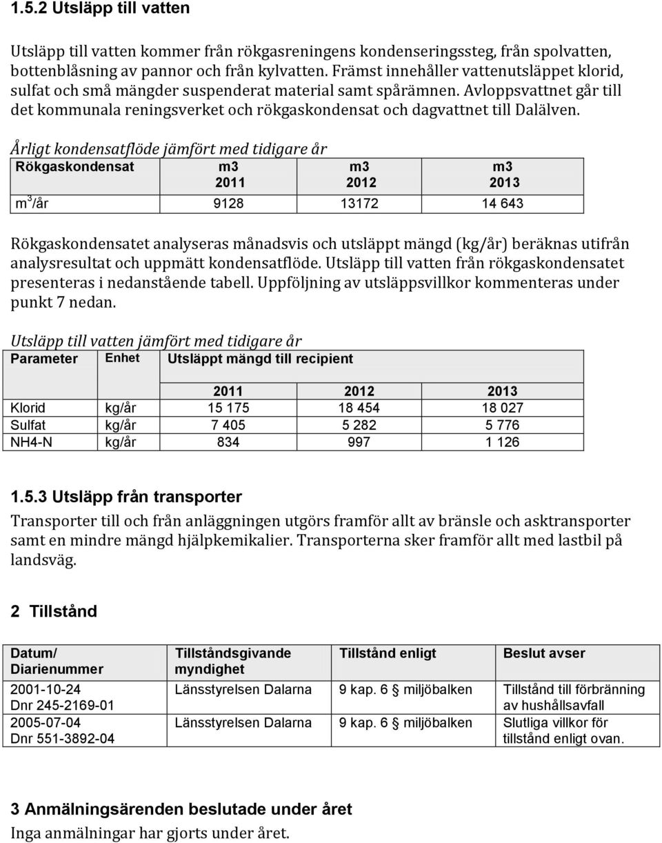 Avloppsvattnet går till det kommunala reningsverket och rökgaskondensat och dagvattnet till Dalälven.