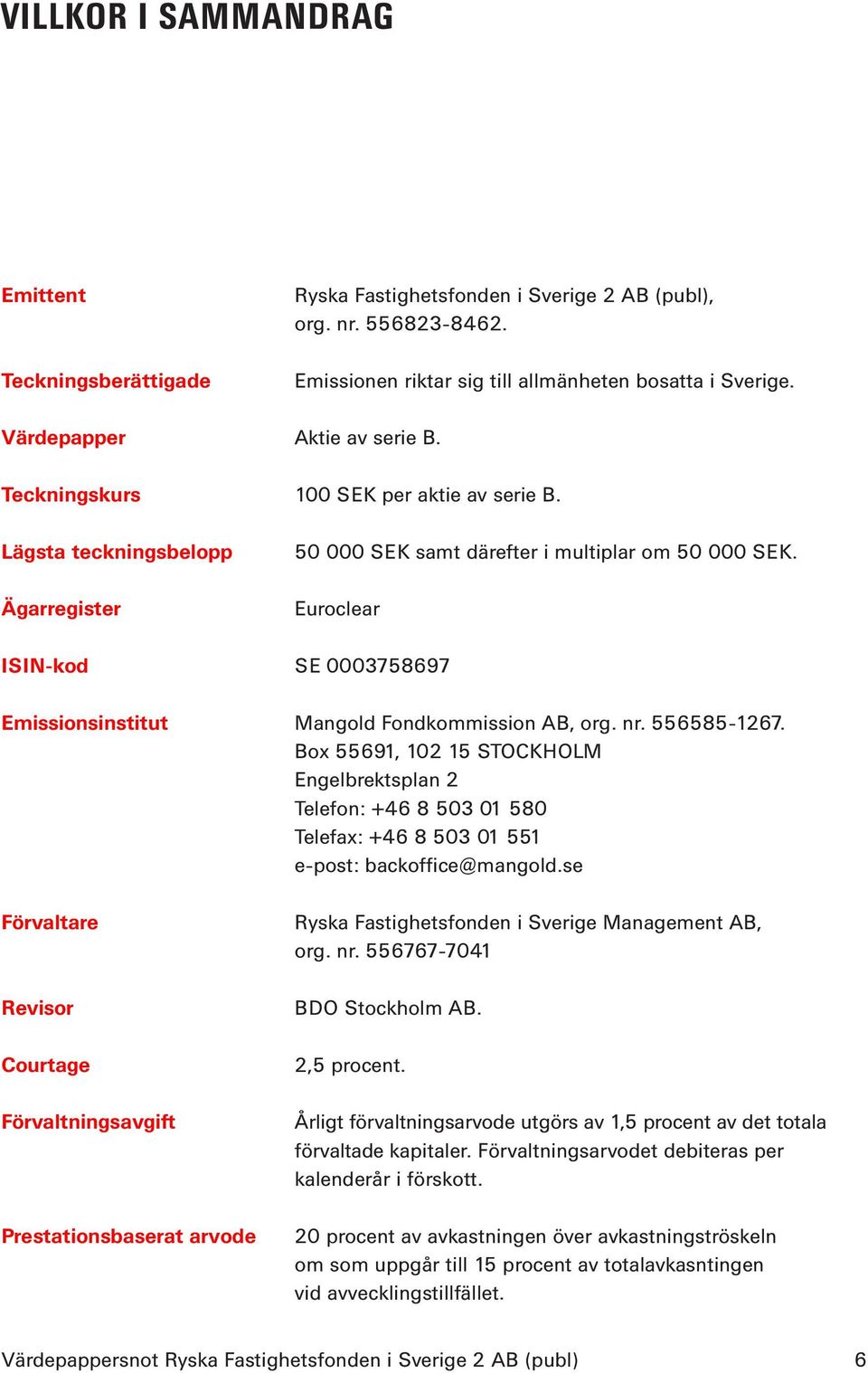 Euroclear ISIN-kod SE 0003758697 Emissionsinstitut Mangold Fondkommission AB, org. nr. 556585-1267.