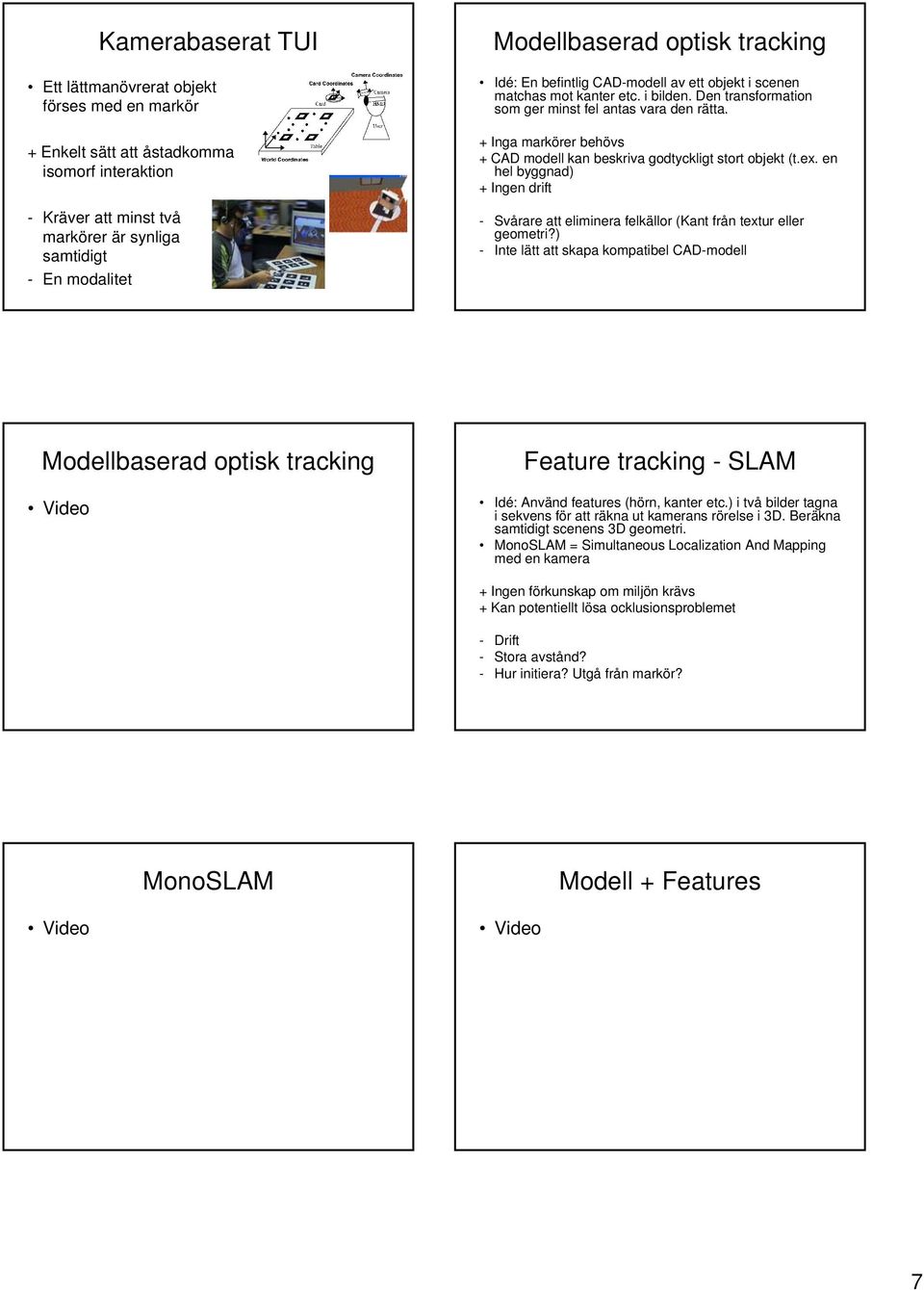 + Inga markörer behövs + CAD modell kan beskriva godtyckligt stort objekt (t.ex. en hel byggnad) + Ingen drift - Svårare att eliminera felkällor (Kant från textur eller geometri?