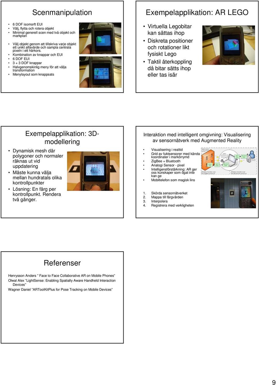 Kombination av knappar och EUI 6 DOF EUI 3 + 3 DOF knappar Halvgenomskinlig meny för att välja transformation Menylayout som knappsats Exempelapplikation: AR LEGO Virtuella Legobitar kan sättas ihop