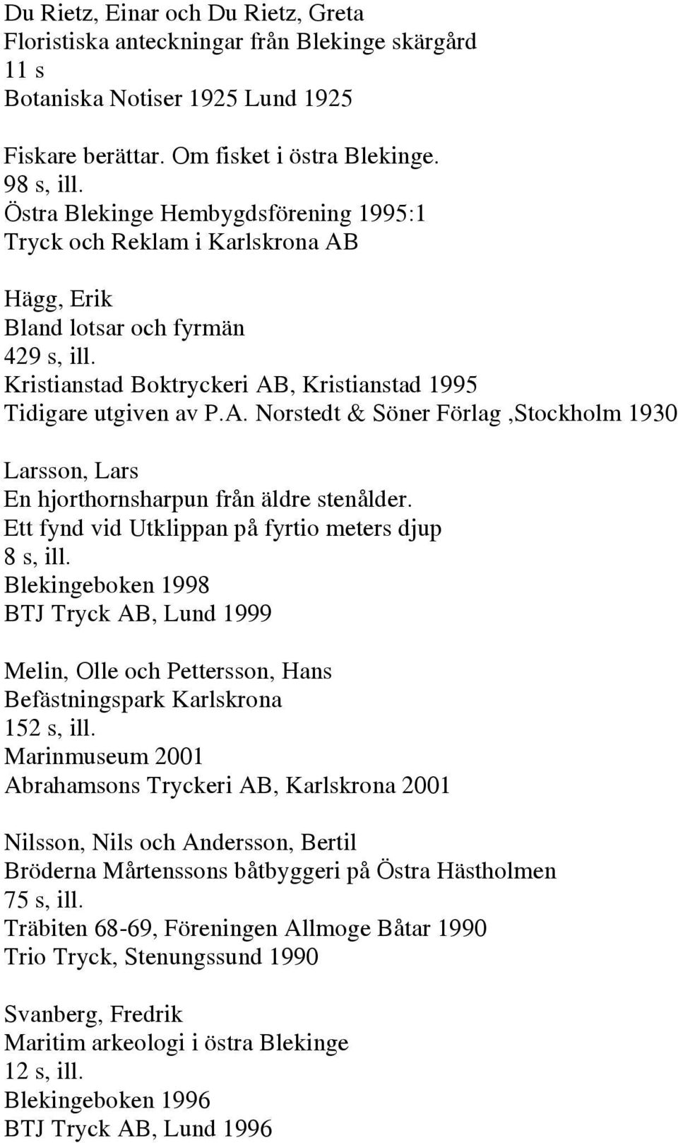 Ett fynd vid Utklippan på fyrtio meters djup 8 s, ill. Blekingeboken 1998 BTJ Tryck AB, Lund 1999 Melin, Olle och Pettersson, Hans Befästningspark Karlskrona 152 s, ill.