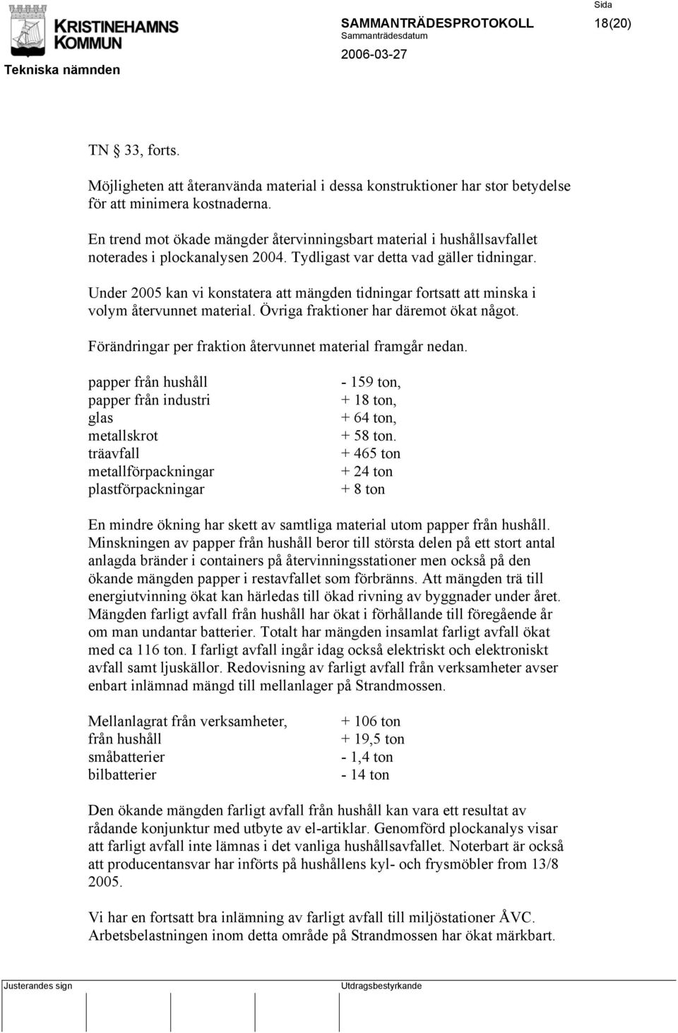 Under 2005 kan vi konstatera att mängden tidningar fortsatt att minska i volym återvunnet material. Övriga fraktioner har däremot ökat något.