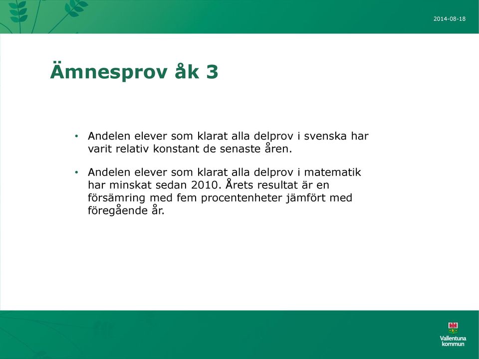 Andelen elever som klarat alla delprov i matematik har minskat