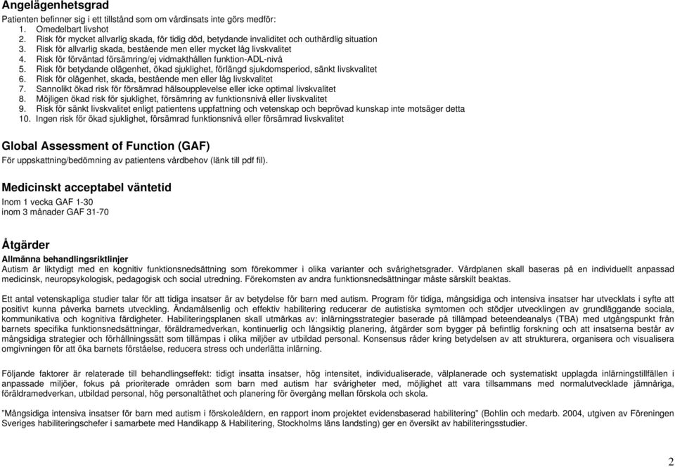 Risk för förväntad försämring/ej vidmakthållen funktion-adl-nivå 5. Risk för betydande olägenhet, ökad sjuklighet, förlängd sjukdomsperiod, sänkt livskvalitet 6.