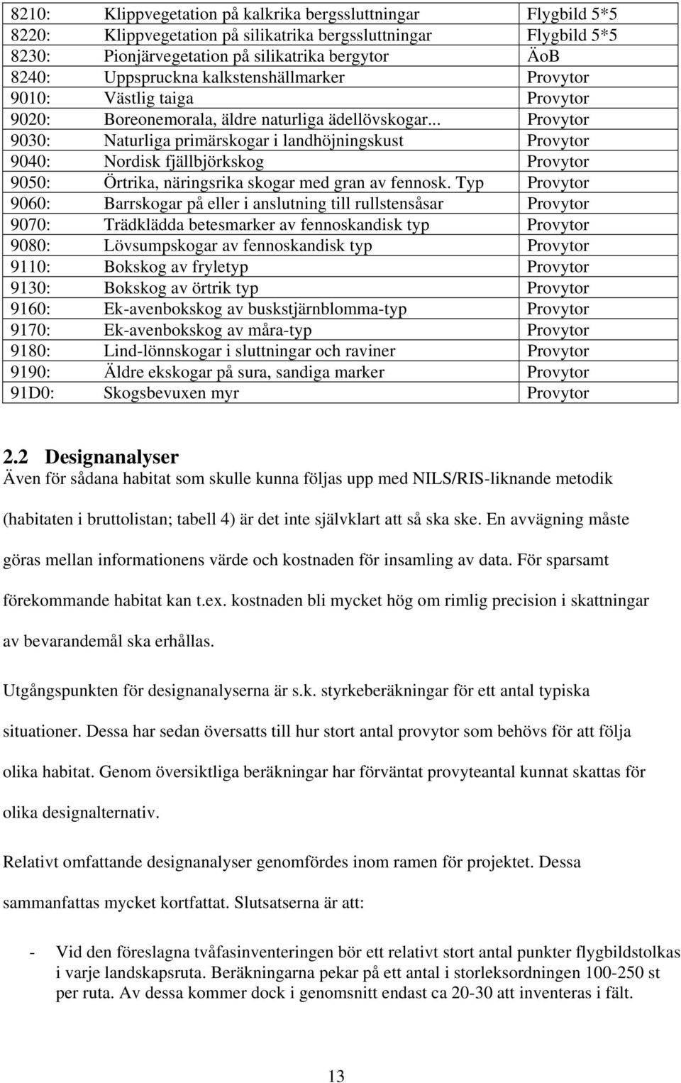 .. Provytor 9030: Naturliga primärskogar i landhöjningskust Provytor 9040: Nordisk fjällbjörkskog Provytor 9050: Örtrika, näringsrika skogar med gran av fennosk.