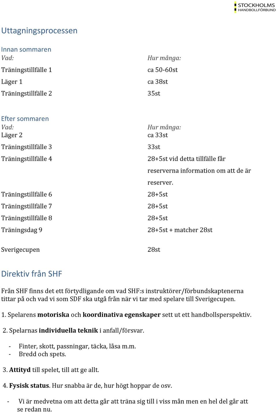 28+5st 28+5st 28+5st 28+5st + matcher 28st Sverigecupen 28st Direktiv från SHF Från SHF finns det ett förtydligande om vad SHF:s instruktörer/förbundskaptenerna tittar på och vad vi som SDF ska utgå