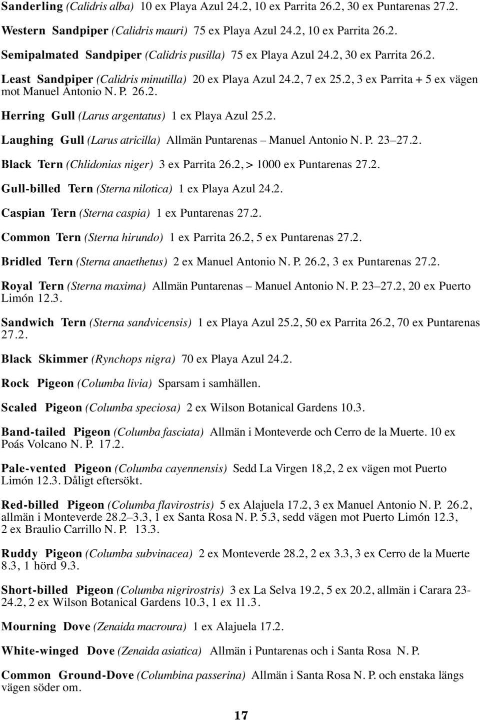 2. Laughing Gull (Larus atricilla) Allmän Puntarenas Manuel Antonio N. P. 23 27.2. Black Tern (Chlidonias niger) 3 ex Parrita 26.2, > 1000 ex Puntarenas 27.2. Gull-billed Tern (Sterna nilotica) 1 ex Playa Azul 24.