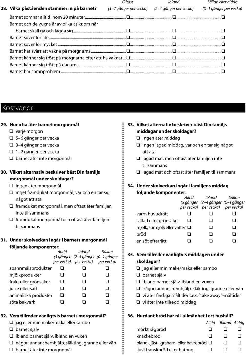 .. Barnet känner sig trött på morgnarna efter att ha vaknat... Barnet känner sig trött på dagarna... Barnet har sömnproblem... Kostvanor 29.