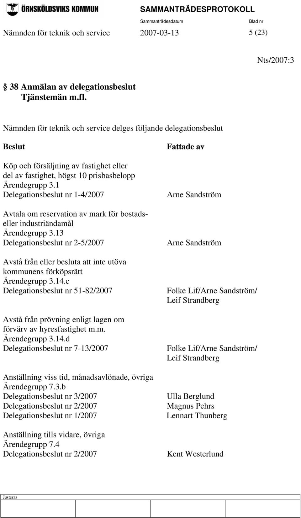 1 Delegationsbeslut nr 1-4/2007 Avtala om reservation av mark för bostadseller industriändamål Ärendegrupp 3.