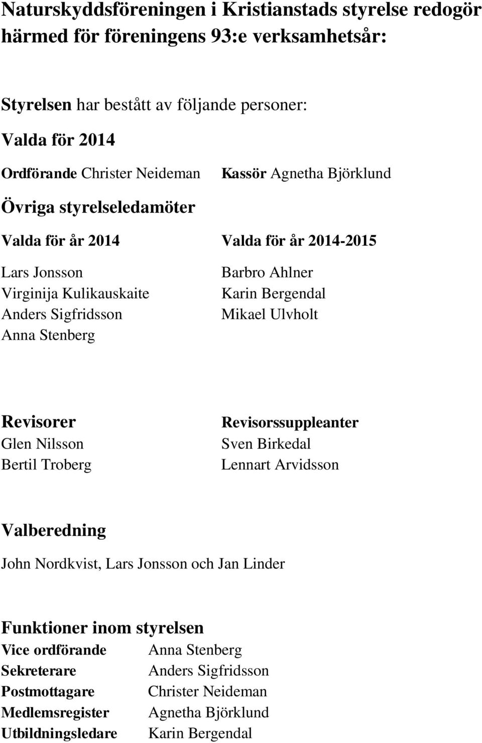 Ahlner Karin Bergendal Mikael Ulvholt Revisorer Glen Nilsson Bertil Troberg Revisorssuppleanter Sven Birkedal Lennart Arvidsson Valberedning John Nordkvist, Lars Jonsson