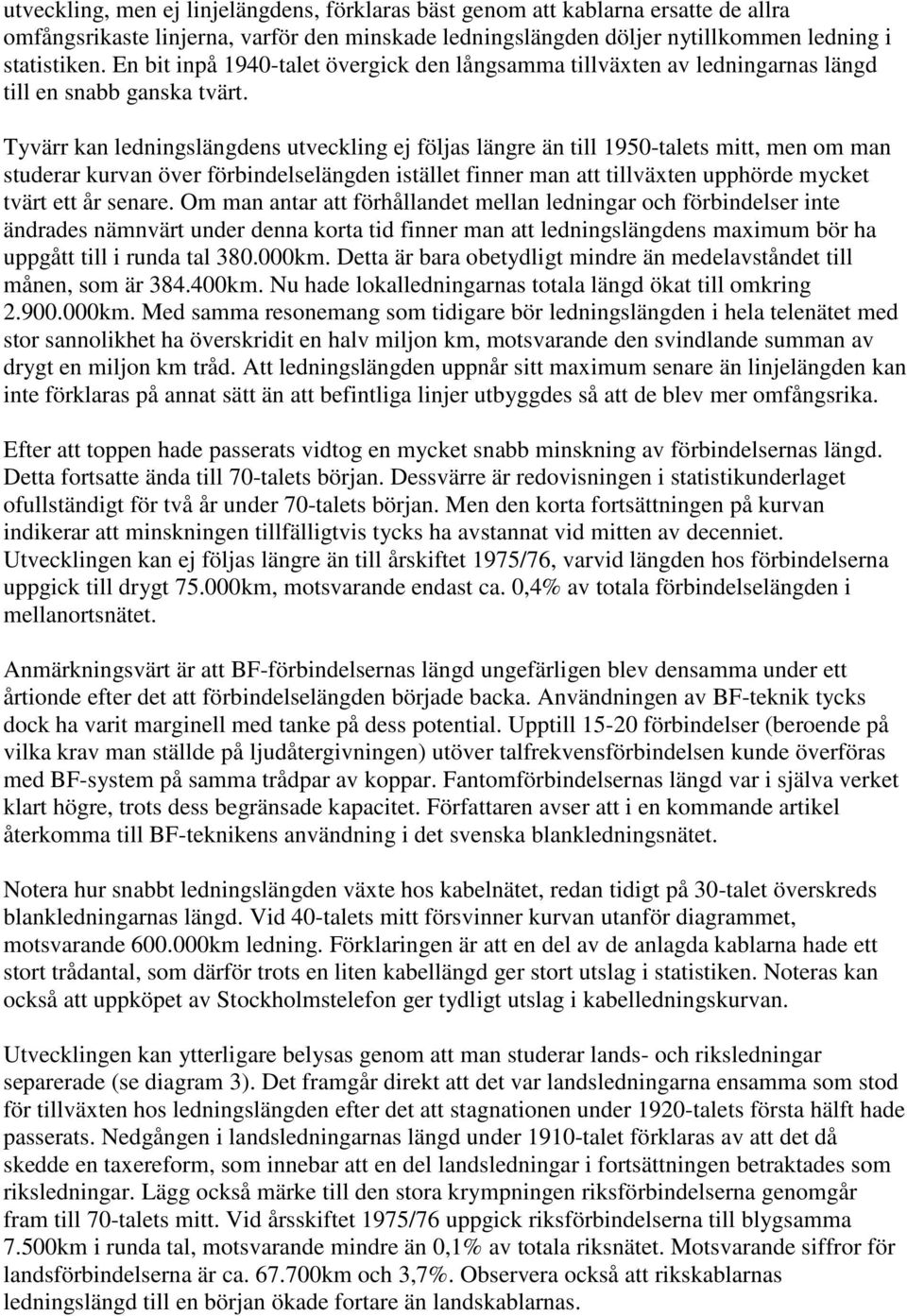Tyvärr kan ledningslängdens utveckling ej följas längre än till 1950-talets mitt, men om man studerar kurvan över förbindelselängden istället finner man att tillväxten upphörde mycket tvärt ett år