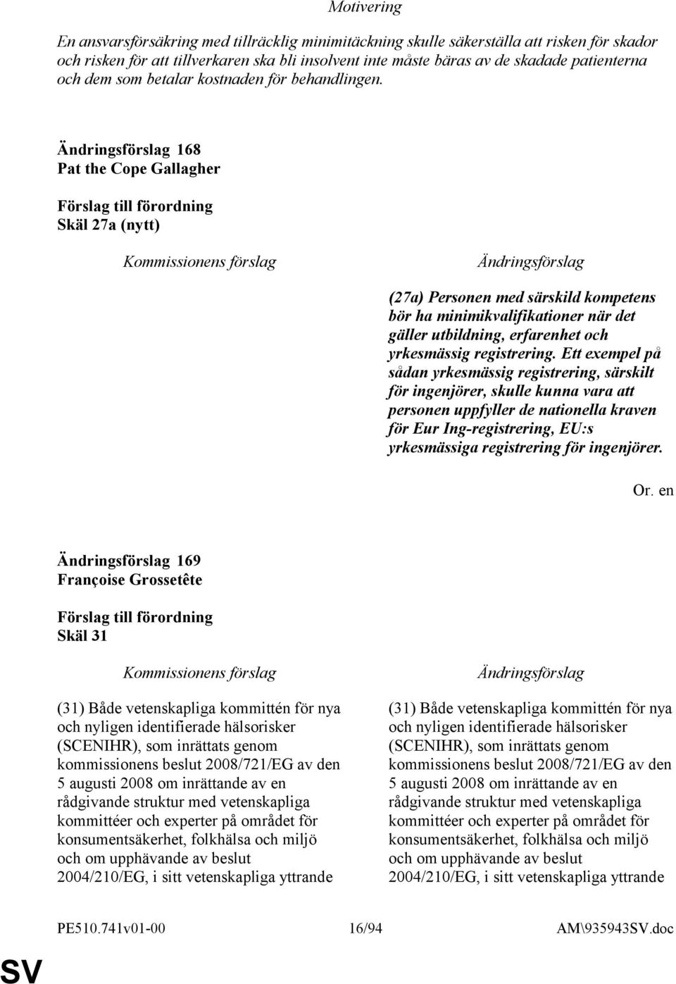168 Pat the Cope Gallagher Skäl 27a (nytt) (27a) Personen med särskild kompetens bör ha minimikvalifikationer när det gäller utbildning, erfarenhet och yrkesmässig registrering.
