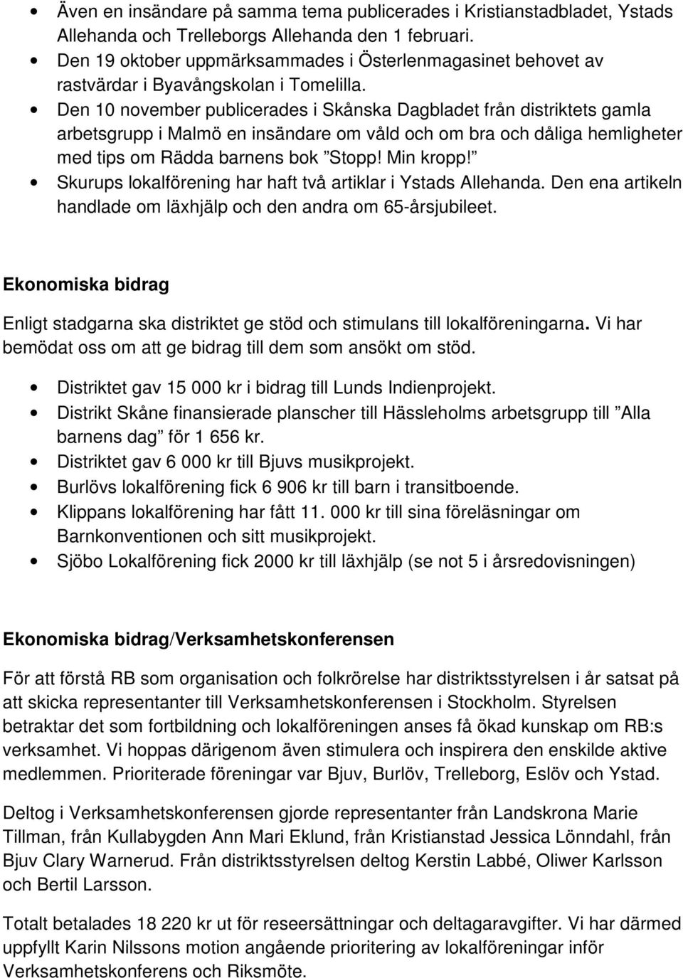 Den 10 november publicerades i Skånska Dagbladet från distriktets gamla arbetsgrupp i Malmö en insändare om våld och om bra och dåliga hemligheter med tips om Rädda barnens bok Stopp! Min kropp!