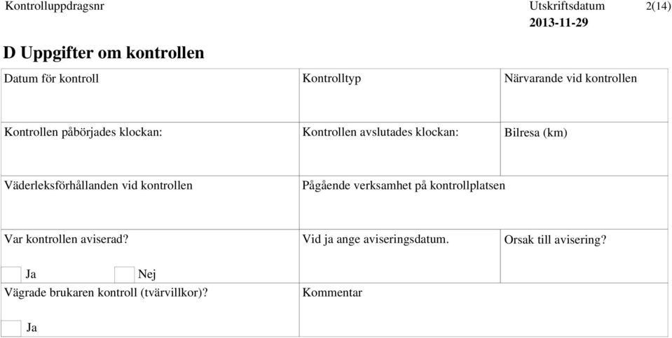 Väderleksförhållanden vid kontrollen Pågående verksamhet på kontrollplatsen Var kontrollen