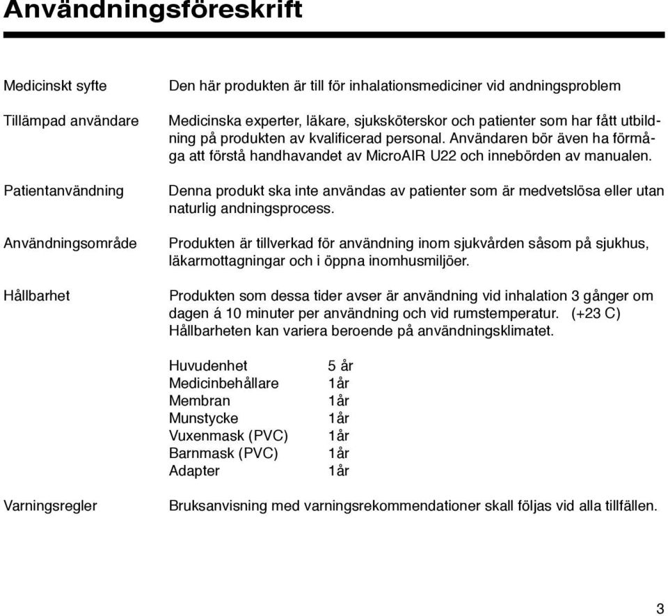 Denna produkt ska inte användas av patienter som är medvetslösa eller utan naturlig andningsprocess.