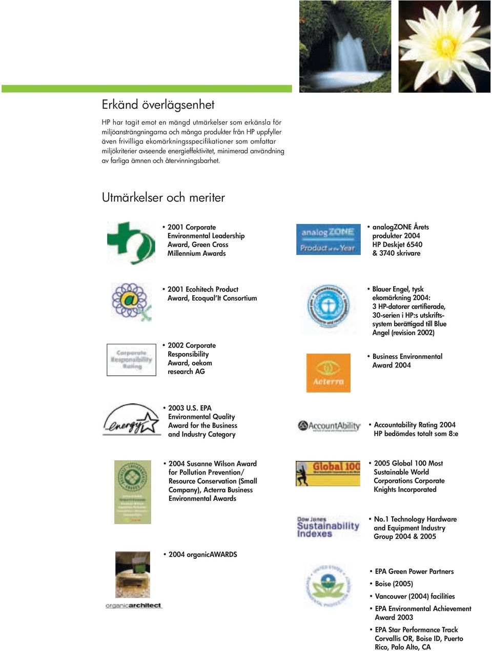 Utmärkelser och meriter 2001 Corporate Environmental Leadership Award, Green Cross Millennium Awards analogzone Årets produkter 2004 HP Deskjet 6540 & 3740 skrivare 2001 Ecohitech Product Award,