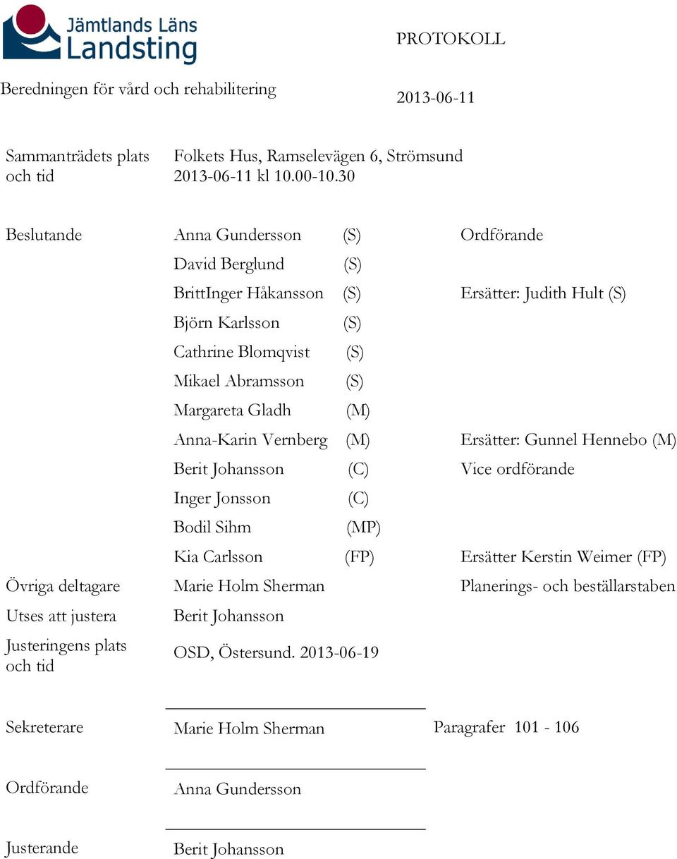 Inger Jonsson Bodil Sihm Kia Carlsson (M) (M) (C) (C) (MP) (FP) Ordförande Ersätter: Judith Hult Ersätter: Gunnel Hennebo (M) Vice ordförande Ersätter Kerstin Weimer